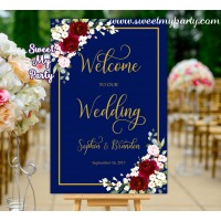 Navy Burgundy Wedding Welcome Sign,Welcome sign with Burgundy Flowers,(125w)